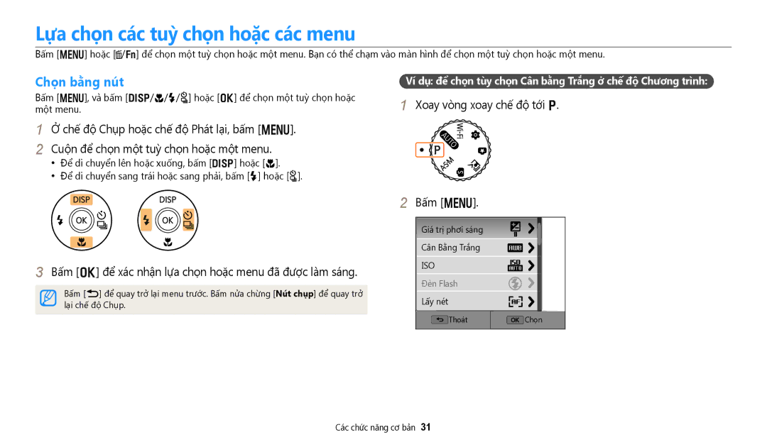 Samsung EC-WB50FZBDBVN, EC-WB350FBDWVN, EC-WB350FBDRVN manual Lựa chọn các tuỳ chọn hoặc các menu, Chọn bằng nút, Bấm m 