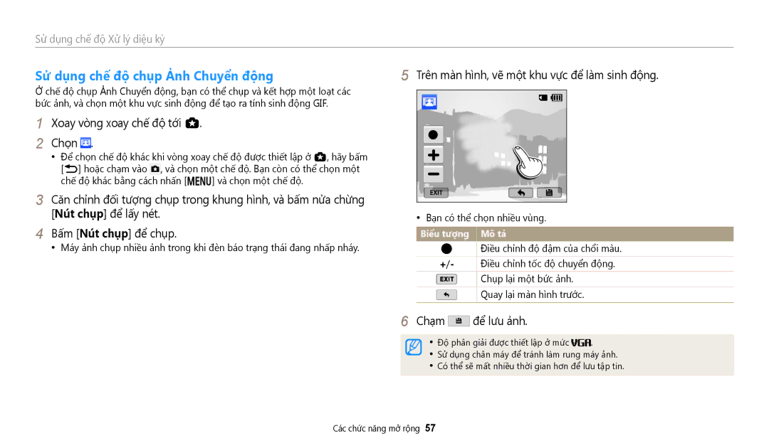 Samsung EC-WB50FZBDWVN manual Sử dụng chế độ chụp Ảnh Chuyển động, Trên màn hình, vẽ một khu vực để làm sinh động 