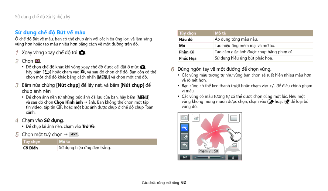 Samsung EC-WB50FZBDWVN manual Sử dụng chế độ Bút vẽ màu, Chọn một tuỳ chọn →, Dùng ngón tay vẽ một đường để chọn vùng 