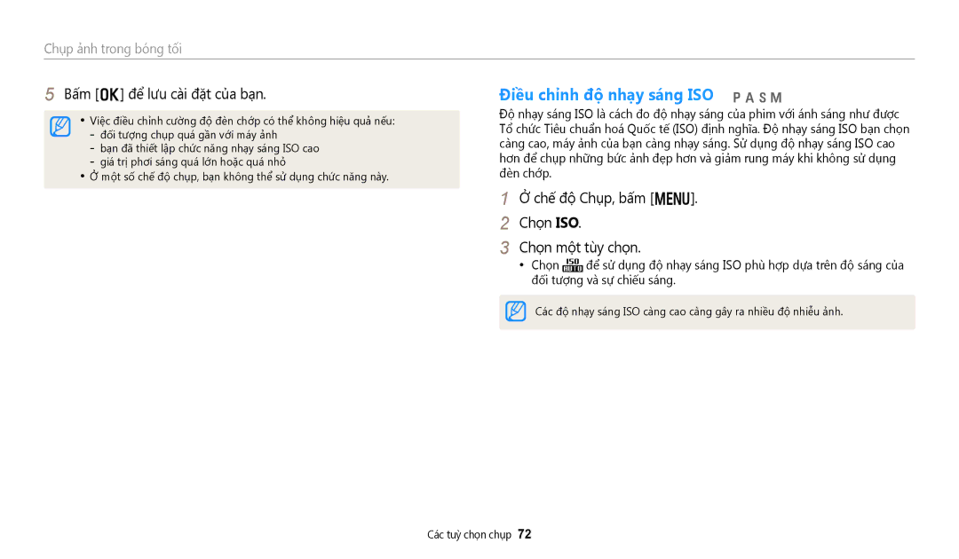 Samsung EC-WB50FZBDWVN manual Điều chỉnh độ nhạy sáng ISO pAhM, Chế độ Chụp, bấm m Chọn ISO Chọn một tùy chọn 