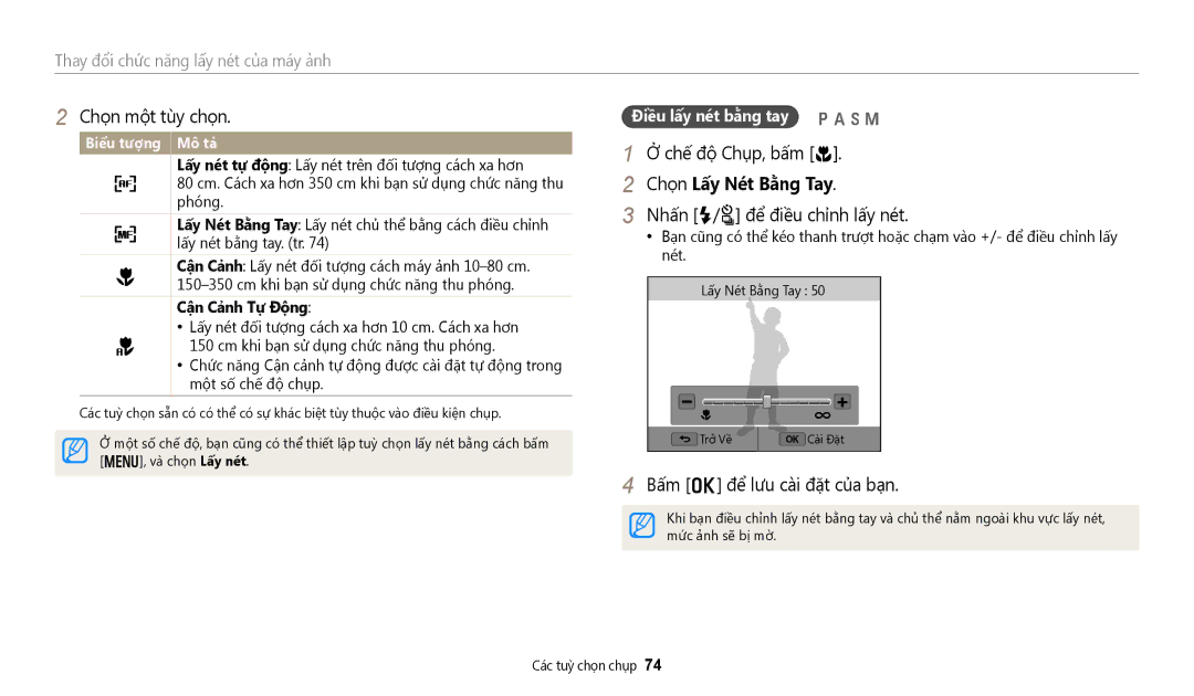 Samsung EC-WB350FBDWVN manual Chọn Lấy Nét Bằng Tay, Nhấn F/t để điều chỉnh lấy nét, Điều lấy nét bằng tay pAhM 