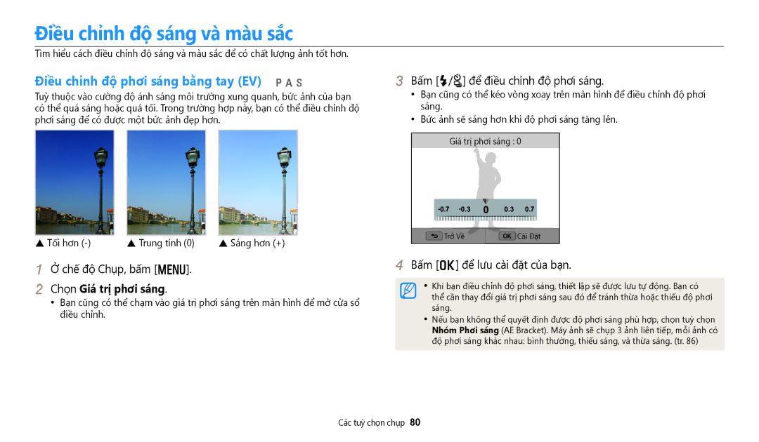Samsung EC-WB350FBDRVN Điều chỉnh độ sáng và màu sắc, Điều chỉnh độ phơi sáng bằng tay EV pAh, Chọn Giá trị phơi sáng 