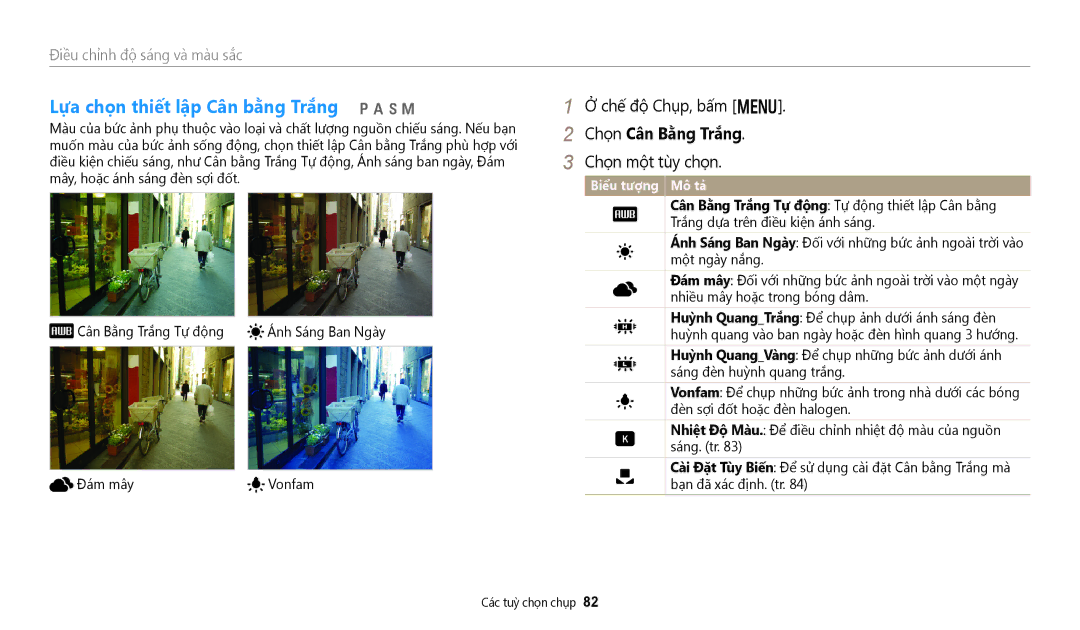 Samsung EC-WB50FZBDWVN manual Lựa chọn thiết lập Cân bằng Trắng pAhM, Chọn Cân Bằng Trắng, Ánh Sáng Ban Ngày, Đám mây 
