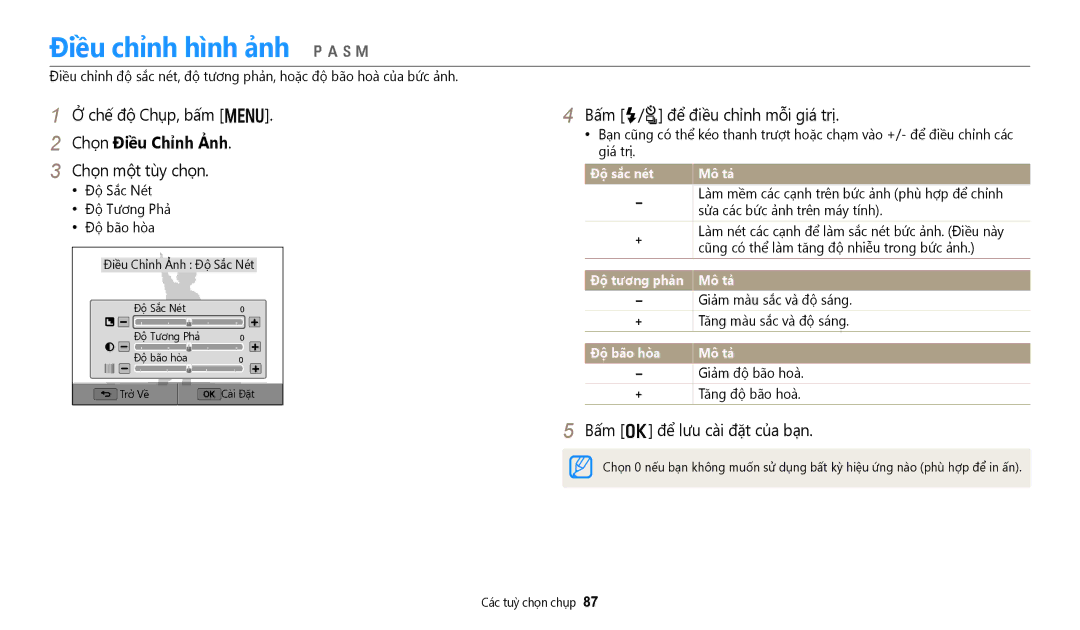 Samsung EC-WB50FZBDWVN manual Điều chỉnh hình ảnh pAhM, Chọn Điều Chỉnh Ảnh, Bấm F/t để điều chỉnh mỗi giá trị 