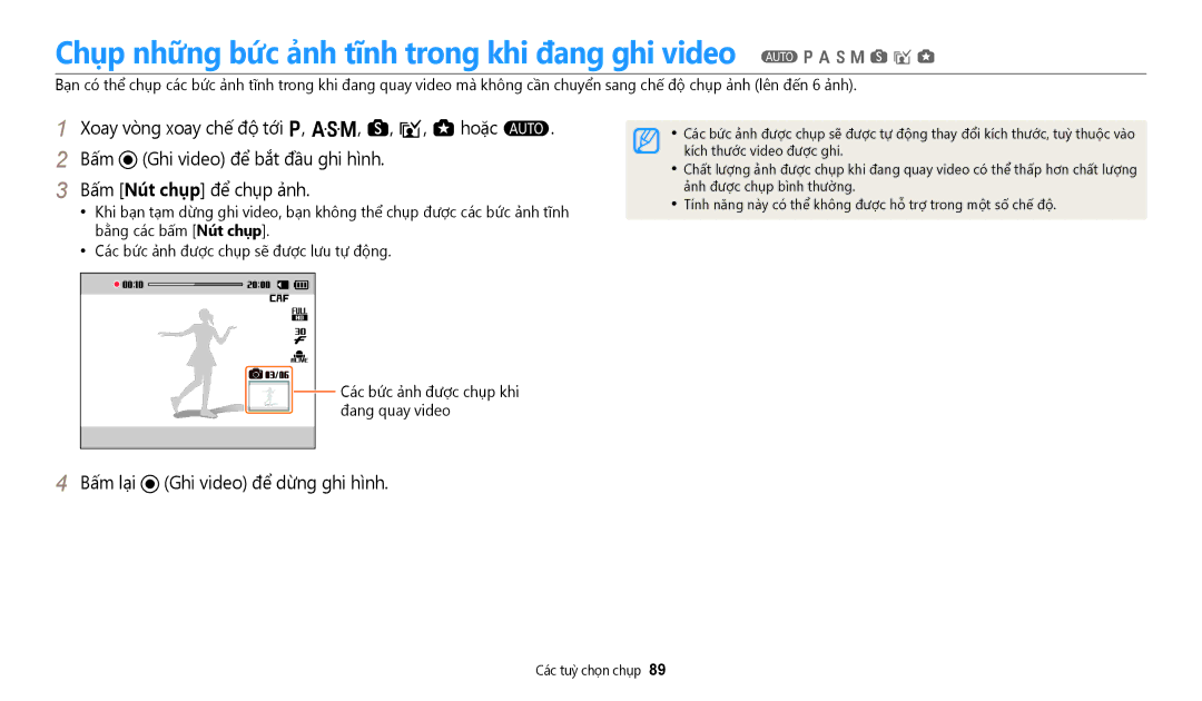 Samsung EC-WB350FBDWVN manual Chụp những bức ảnh tĩnh trong khi đang ghi video TpAhMsig, Kích thước video được ghi 