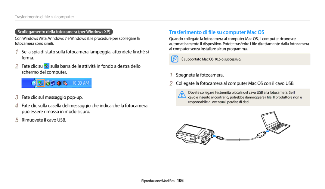 Samsung EC-WB50FZBPWE1 manual Trasferimento di file su computer Mac OS, Scollegamento della fotocamera per Windows XP 