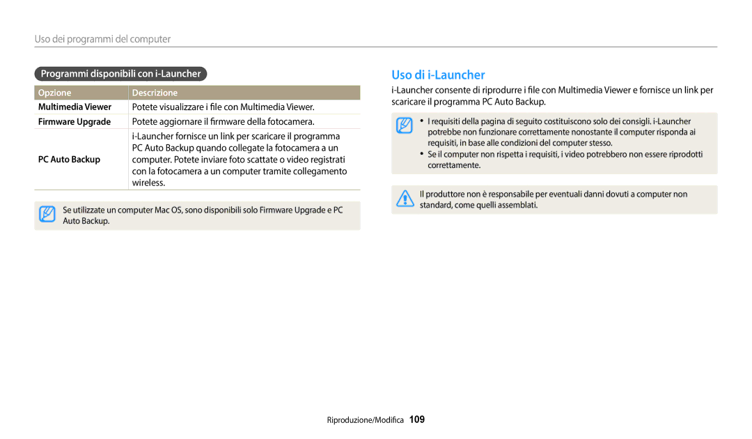 Samsung EC-WB350FBPBE1 manual Uso di i-Launcher, Programmi disponibili con i-Launcher, Multimedia Viewer, Firmware Upgrade 