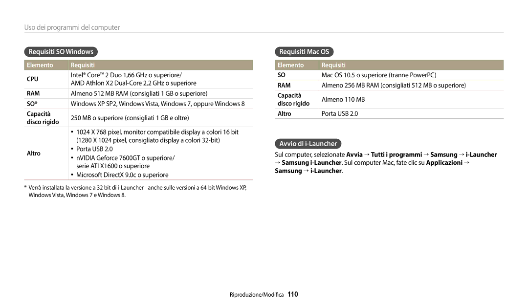 Samsung EC-WB350FBPUE1, EC-WB350FBPBE1 Requisiti SO Windows, Requisiti Mac OS, Avvio di i-Launcher, Elemento Requisiti 