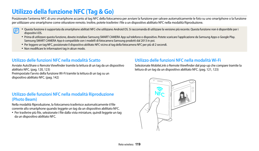 Samsung EC-WB350FBPBE1 manual Utilizzo della funzione NFC Tag & Go, Utilizzo delle funzioni NFC nella modalità Scatto 