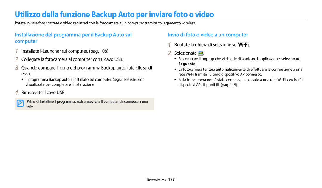 Samsung EC-WB350FBPNTR Installazione del programma per il Backup Auto sul computer, Invio di foto o video a un computer 