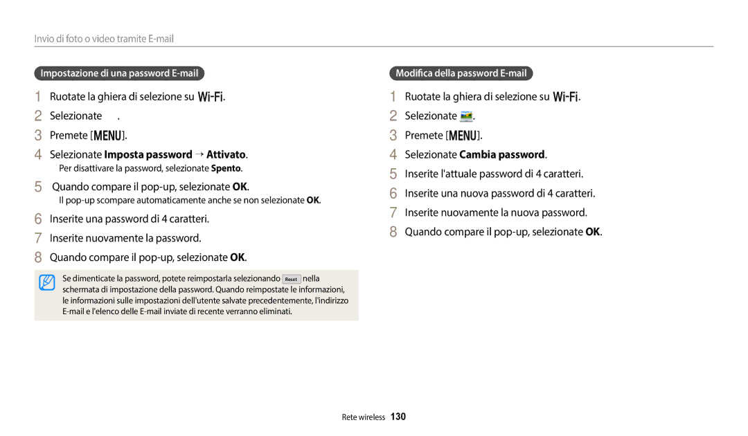 Samsung EC-WB350FBPUE1, EC-WB350FBPBE1 Selezionate Imposta password → Attivato, Quando compare il pop-up, selezionate OK 