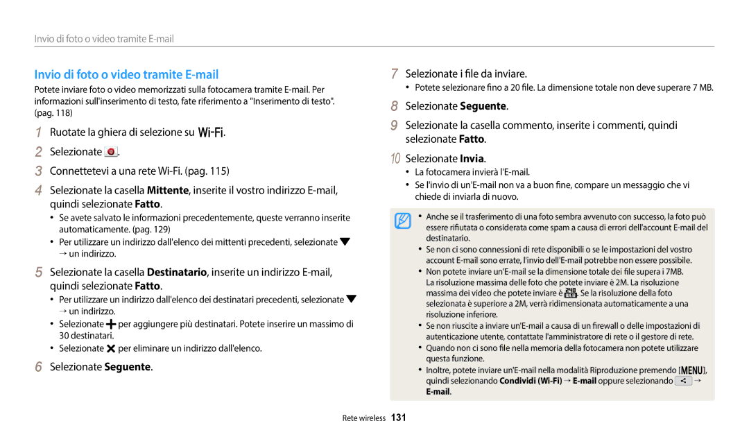 Samsung EC-WB50FZBPWE1 manual Invio di foto o video tramite E-mail, Selezionate Seguente Selezionate i file da inviare 