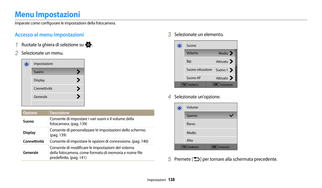 Samsung EC-WB350FBPWE1, EC-WB350FBPBE1 manual Menu Impostazioni, Accesso al menu Impostazioni, Selezionate un elemento 