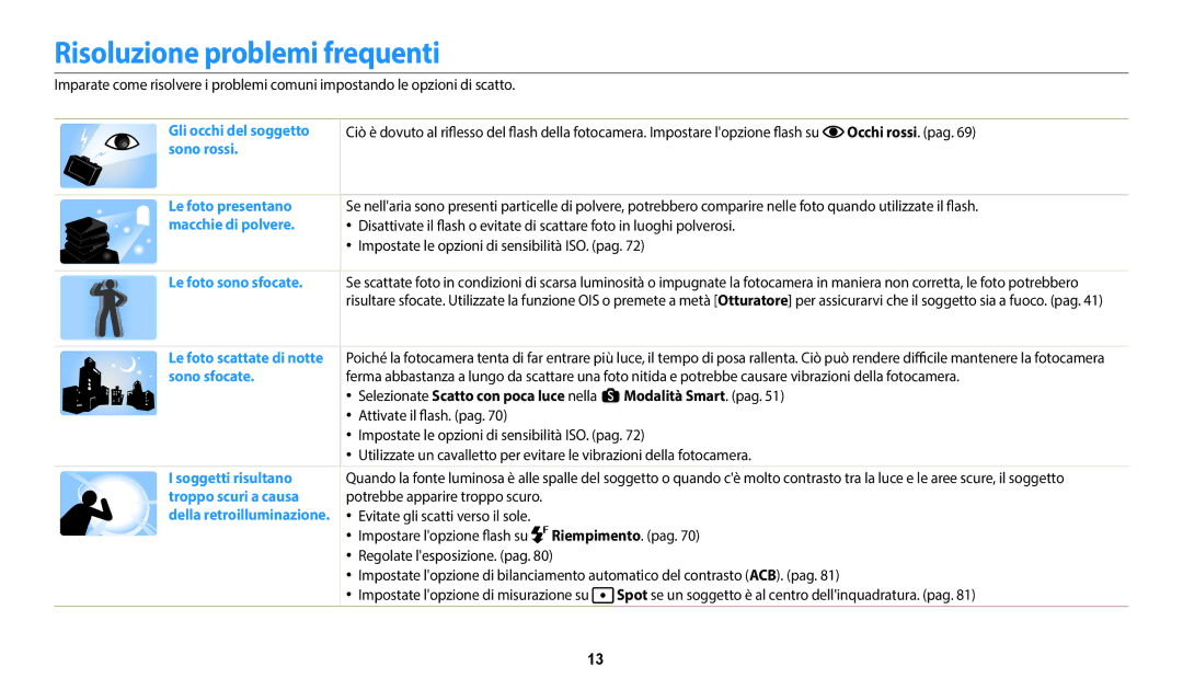 Samsung EC-WB350FBPWE1 Risoluzione problemi frequenti, Occhi rossi. pag, Riempimento. pag, Regolate lesposizione. pag 