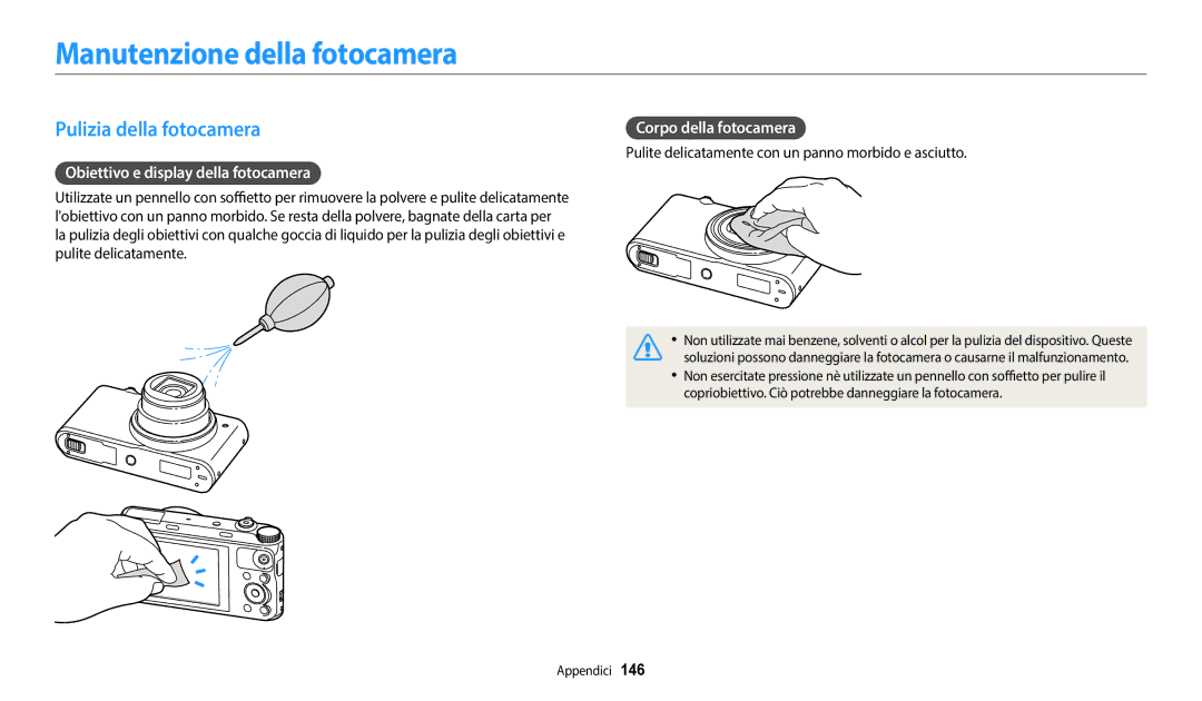 Samsung EC-WB50FZBPWE1 manual Manutenzione della fotocamera, Pulizia della fotocamera, Obiettivo e display della fotocamera 