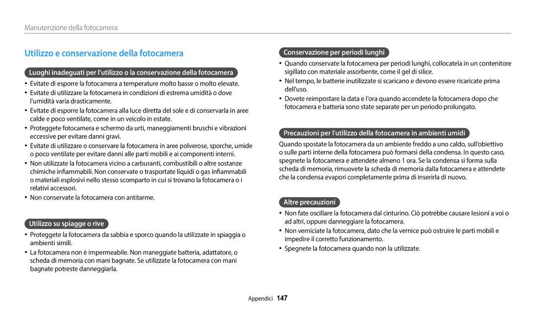 Samsung EC-WB350FBPNTR manual Utilizzo e conservazione della fotocamera, Utilizzo su spiagge o rive, Altre precauzioni 