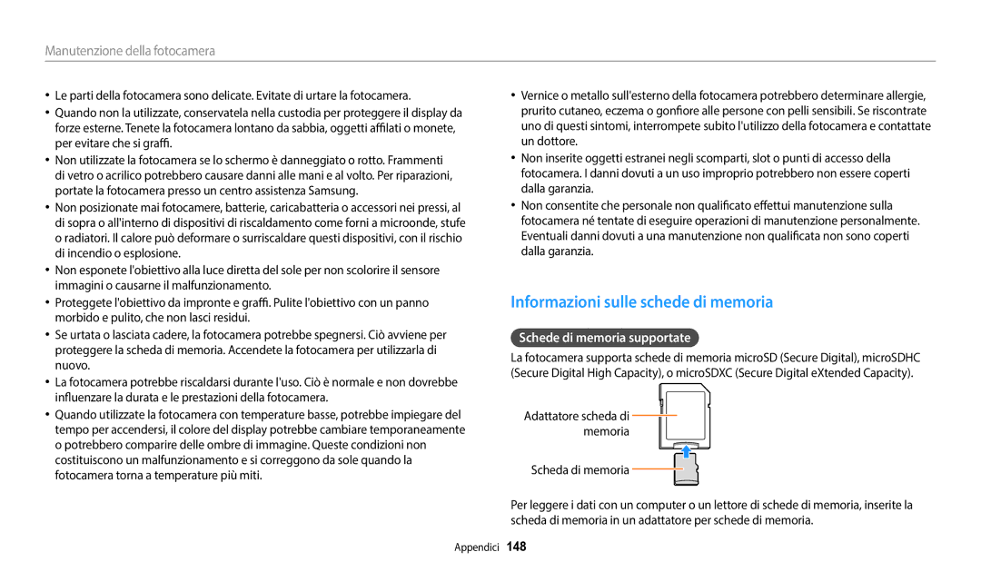 Samsung EC-WB350FBPWE1 manual Informazioni sulle schede di memoria, Schede di memoria supportate, Scheda di memoria 