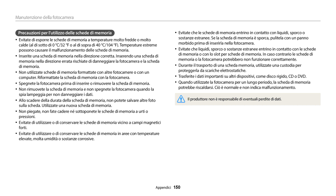 Samsung EC-WB350FBPUE1, EC-WB350FBPBE1, EC-WB50FZBPWE1, EC-WB350FBPNTR Precauzioni per lutilizzo delle schede di memoria 