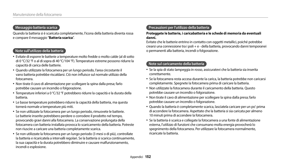 Samsung EC-WB350FBPNTR, EC-WB350FBPBE1, EC-WB350FBPUE1 Messaggio batteria scarica, Precauzioni per lutilizzo della batteria 