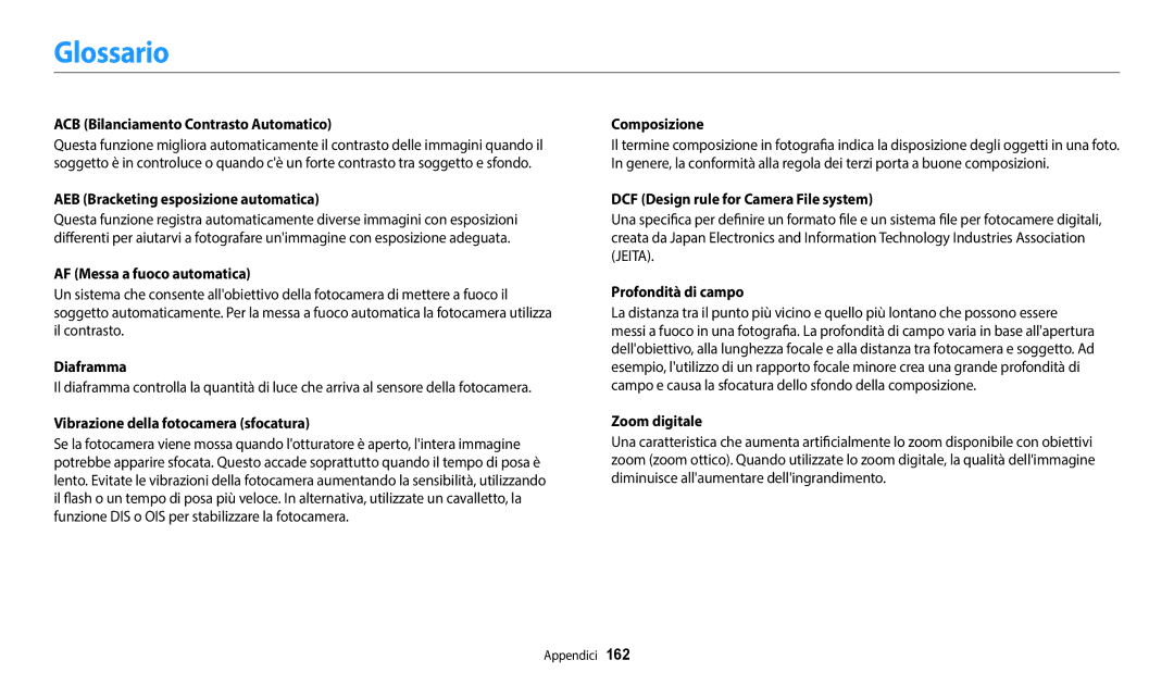 Samsung EC-WB350FBPNTR, EC-WB350FBPBE1, EC-WB350FBPUE1, EC-WB50FZBPWE1, EC-WB350FBPWE1 manual Glossario 