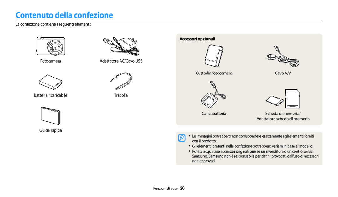 Samsung EC-WB350FBPUE1 manual Contenuto della confezione, La confezione contiene i seguenti elementi, Accessori opzionali 