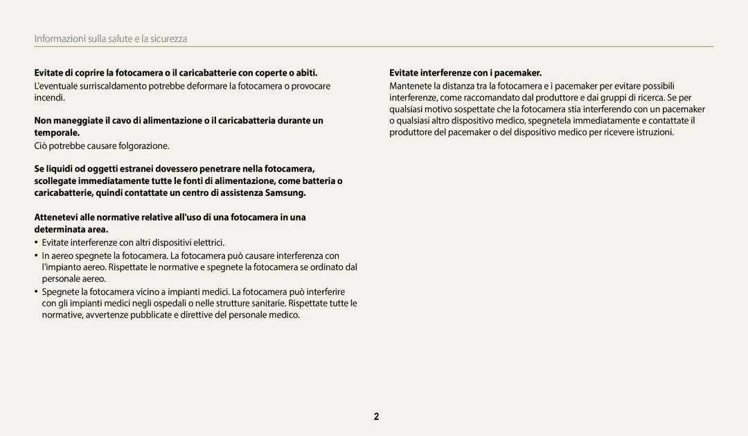 Samsung EC-WB350FBPNTR, EC-WB350FBPBE1 manual Informazioni sulla salute e la sicurezza, Evitate interferenze con i pacemaker 