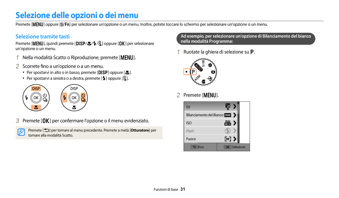 Samsung EC-WB50FZBPWE1 manual Selezione delle opzioni o dei menu, Selezione tramite tasti, Nella modalità Programma 