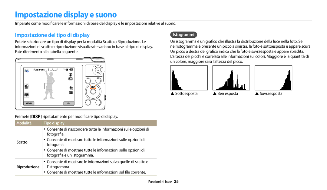 Samsung EC-WB350FBPUE1, EC-WB350FBPBE1 manual Impostazione display e suono, Impostazione del tipo di display, Istogrammi 