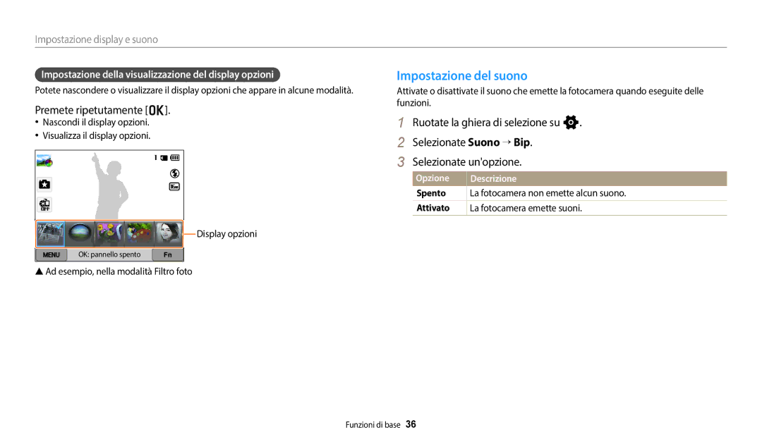 Samsung EC-WB50FZBPWE1 manual Impostazione del suono, Premete ripetutamente o, Ad esempio, nella modalità Filtro foto 