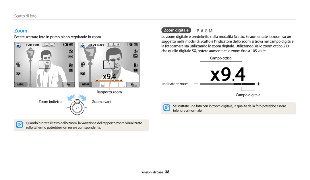 Samsung EC-WB350FBPWE1, EC-WB350FBPBE1 manual Zoom digitale p a h M, Campo ottico Indicatore zoom Campo digitale 