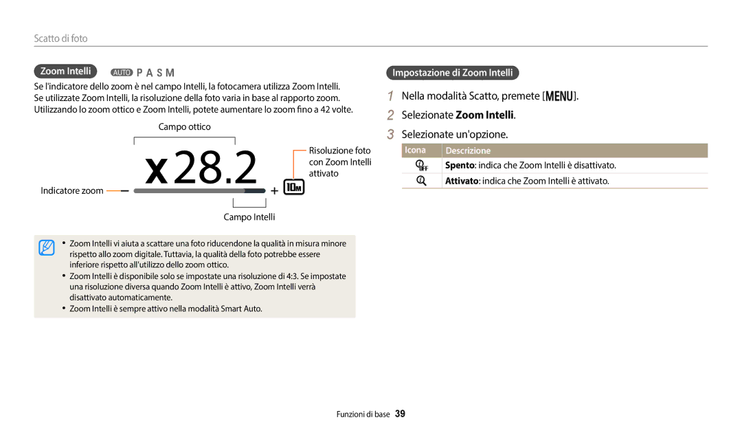 Samsung EC-WB350FBPBE1 Zoom Intelli T p a h M, Impostazione di Zoom Intelli, Campo ottico, Indicatore zoom Campo Intelli 
