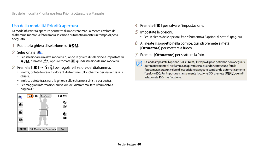 Samsung EC-WB350FBPWE1 manual Uso della modalità Priorità apertura, Ruotate la ghiera di selezione su G Selezionate 