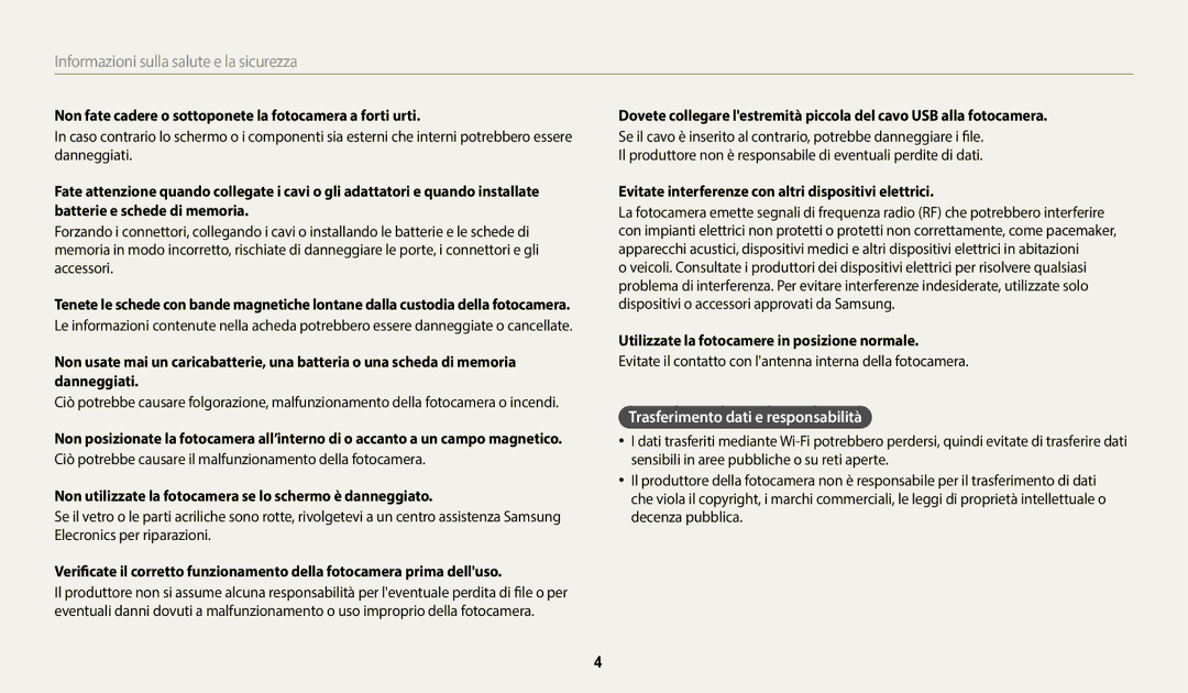 Samsung EC-WB350FBPBE1 manual Trasferimento dati e responsabilità, Non fate cadere o sottoponete la fotocamera a forti urti 