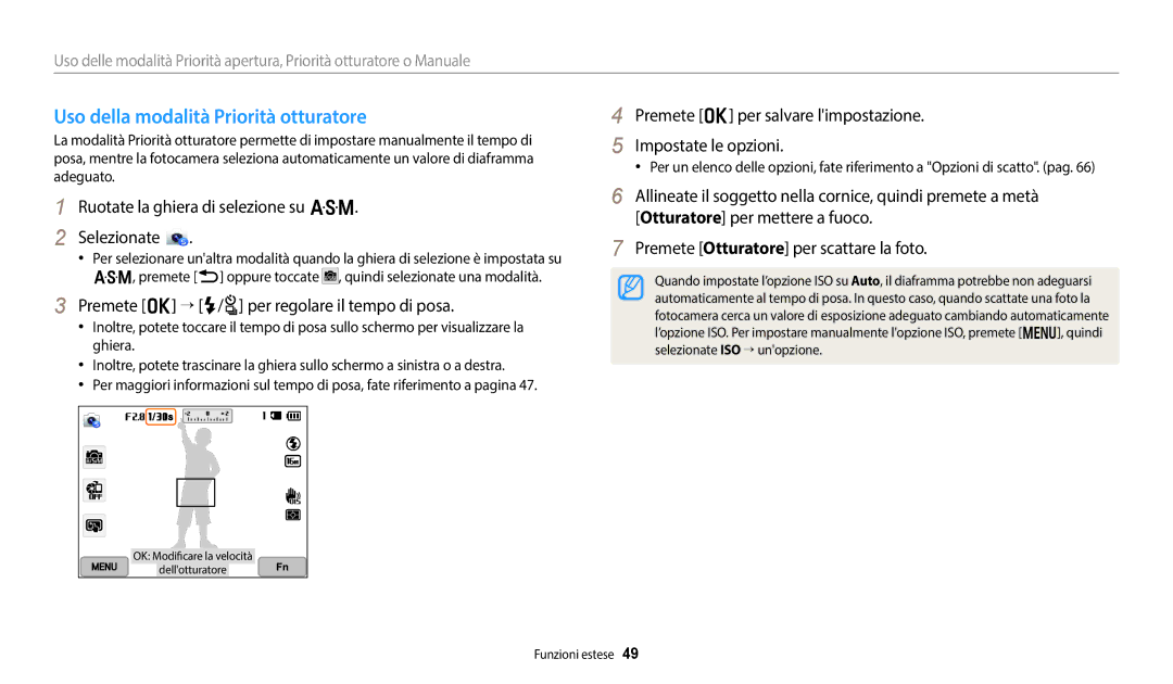 Samsung EC-WB350FBPBE1 manual Uso della modalità Priorità otturatore, Premete o → F/t per regolare il tempo di posa 