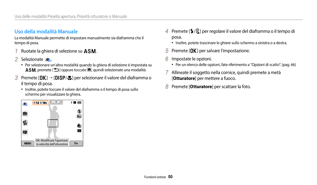 Samsung EC-WB350FBPUE1, EC-WB350FBPBE1, EC-WB50FZBPWE1, EC-WB350FBPNTR, EC-WB350FBPWE1 manual Uso della modalità Manuale 
