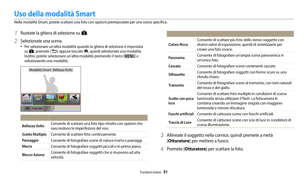 Samsung EC-WB50FZBPWE1 manual Uso della modalità Smart, Ruotate la ghiera di selezione su s, Selezionate una scena 