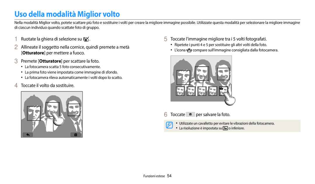 Samsung EC-WB350FBPBE1, EC-WB350FBPUE1, EC-WB50FZBPWE1 manual Uso della modalità Miglior volto, Toccate per salvare la foto 
