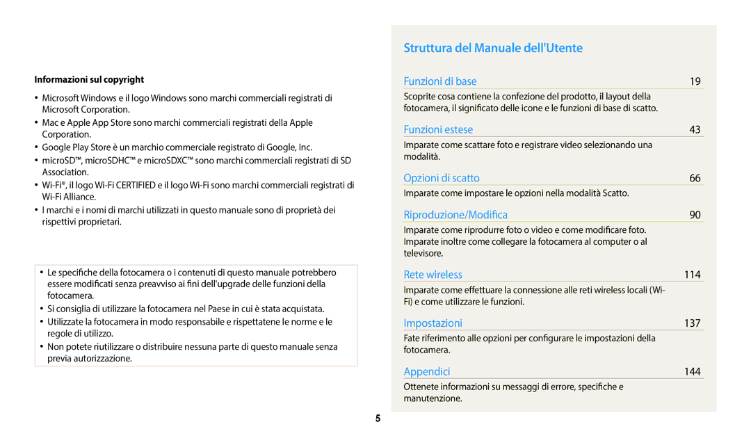 Samsung EC-WB350FBPUE1, EC-WB350FBPBE1 manual Struttura del Manuale dellUtente, 114, 137, 144, Informazioni sul copyright 