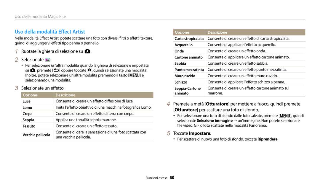 Samsung EC-WB350FBPUE1, EC-WB350FBPBE1, EC-WB50FZBPWE1, EC-WB350FBPNTR, EC-WB350FBPWE1 manual Uso della modalità Effect Artist 