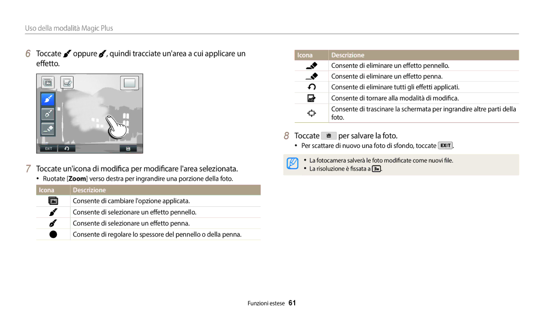 Samsung EC-WB50FZBPWE1 manual Consente di cambiare lopzione applicata, Consente di selezionare un effetto pennello, Foto 