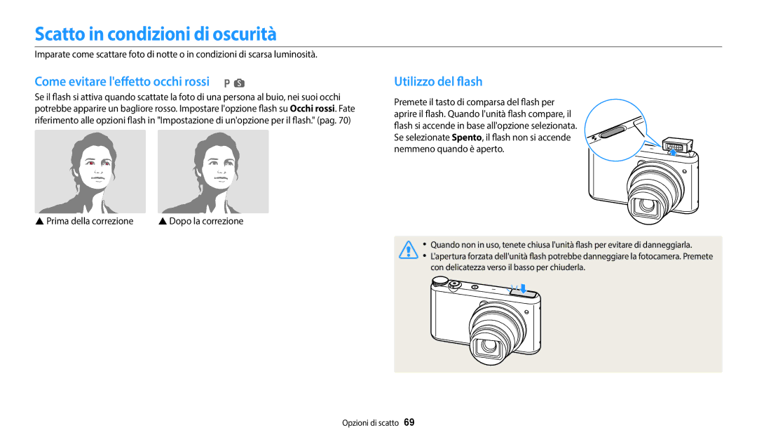 Samsung EC-WB350FBPBE1 manual Scatto in condizioni di oscurità, Come evitare leffetto occhi rossi p s, Utilizzo del flash 