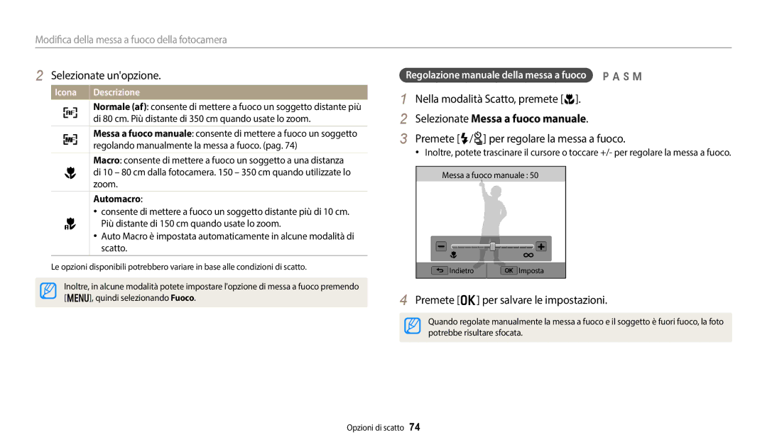 Samsung EC-WB350FBPBE1 Selezionate Messa a fuoco manuale, Premete F/t per regolare la messa a fuoco, Automacro 