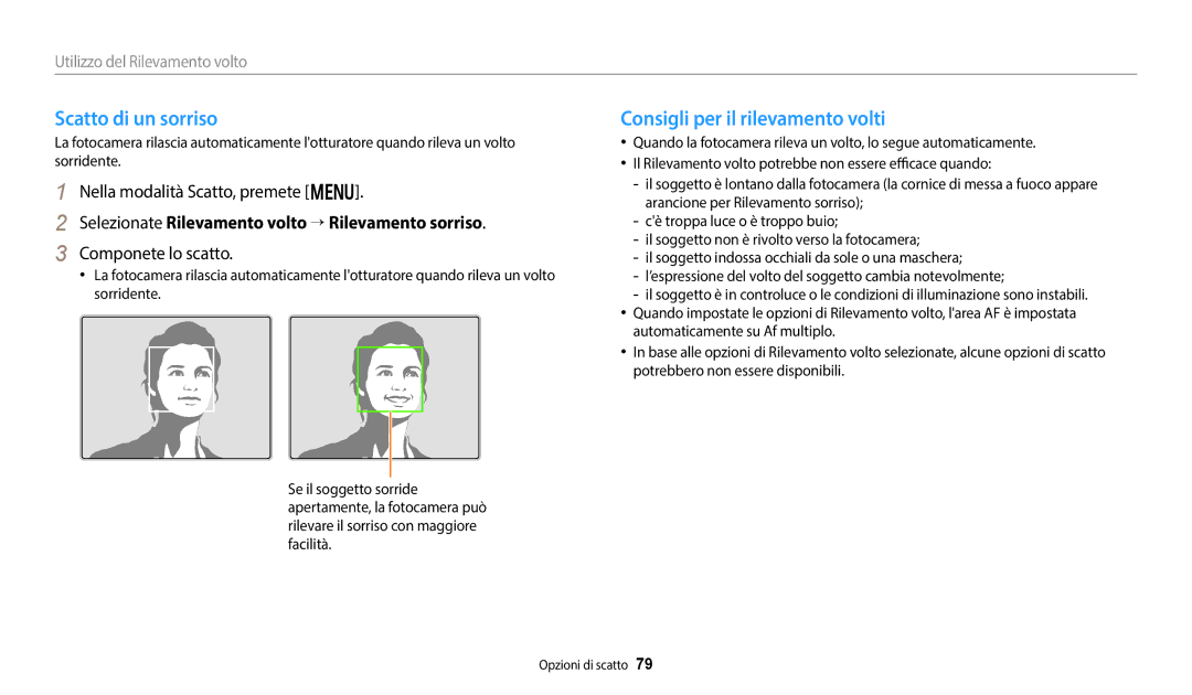 Samsung EC-WB350FBPBE1, EC-WB350FBPUE1 manual Scatto di un sorriso, Consigli per il rilevamento volti, Componete lo scatto 