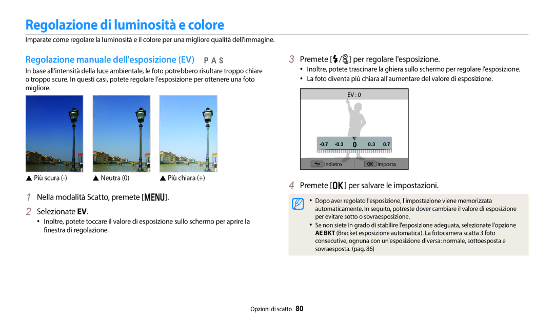 Samsung EC-WB350FBPUE1, EC-WB350FBPBE1 Regolazione di luminosità e colore, Regolazione manuale dellesposizione EV p a h 