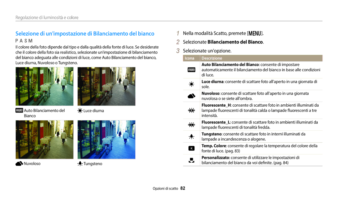 Samsung EC-WB350FBPNTR manual Selezionate Bilanciamento del Bianco, Auto Bilanciamento del Bianco consente di impostare 