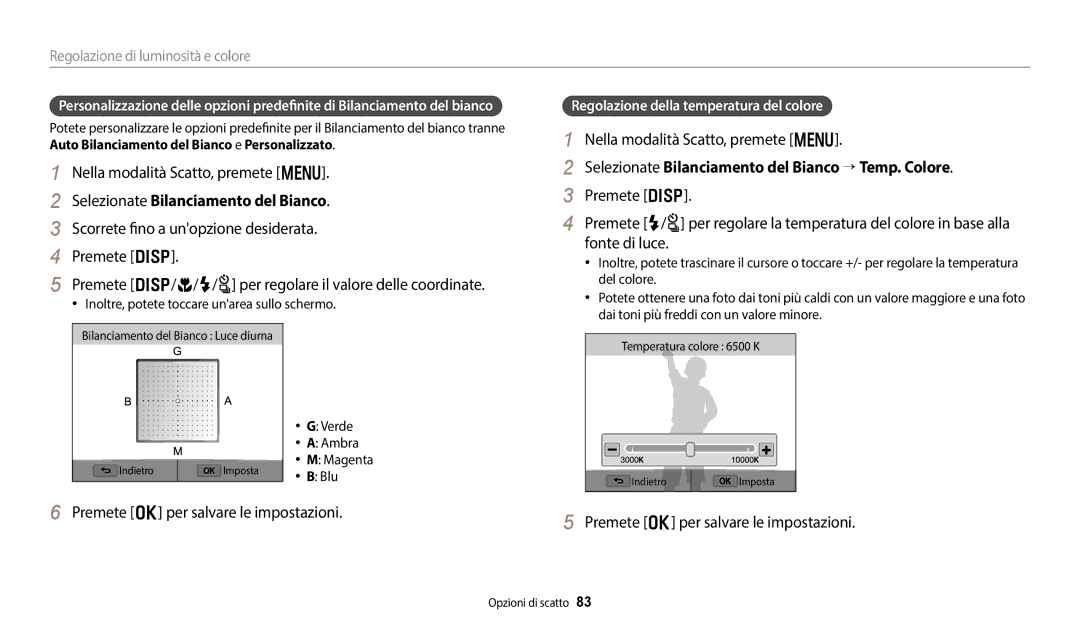 Samsung EC-WB350FBPWE1 manual Selezionate Bilanciamento del Bianco → Temp. Colore, Regolazione della temperatura del colore 