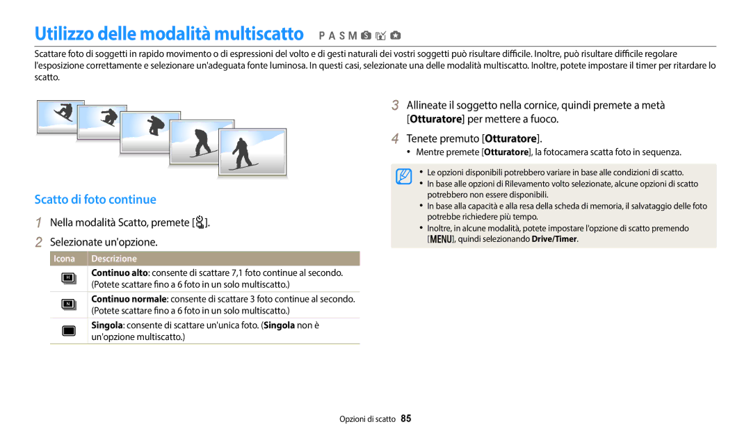 Samsung EC-WB350FBPUE1, EC-WB350FBPBE1 manual Utilizzo delle modalità multiscatto p a h M s i g, Scatto di foto continue 