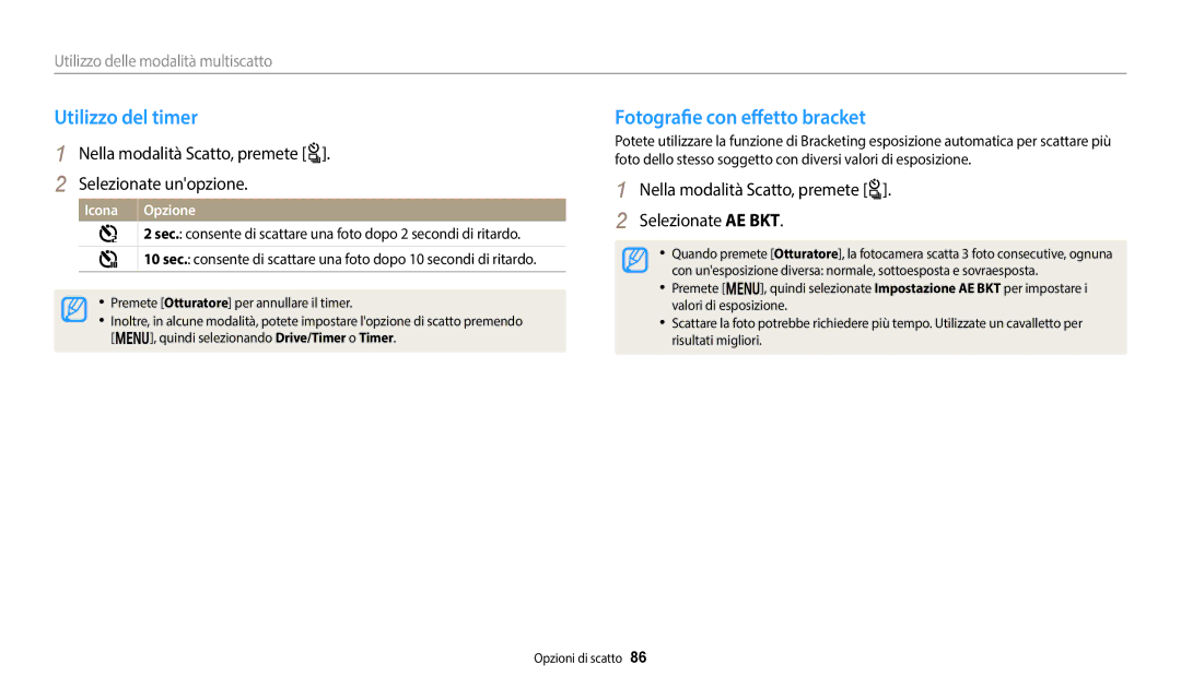 Samsung EC-WB50FZBPWE1, EC-WB350FBPBE1, EC-WB350FBPUE1 Utilizzo del timer, Fotografie con effetto bracket, Icona Opzione 