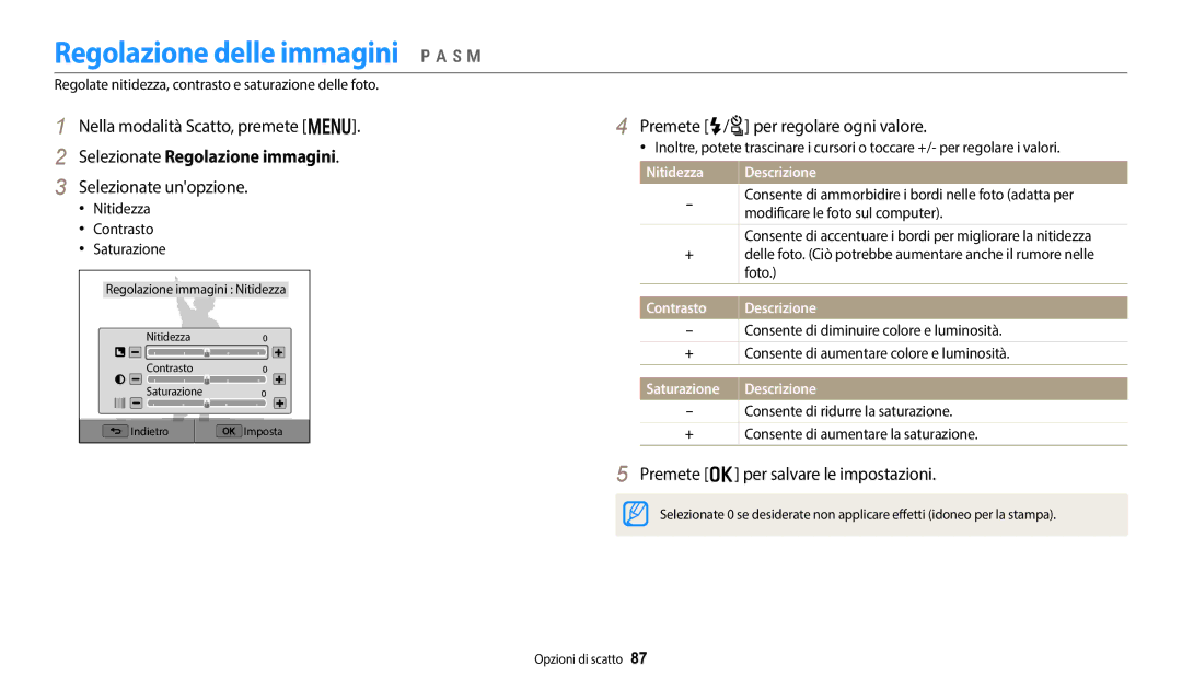 Samsung EC-WB350FBPNTR, EC-WB350FBPBE1, EC-WB350FBPUE1 Regolazione delle immagini p a h M, Selezionate Regolazione immagini 