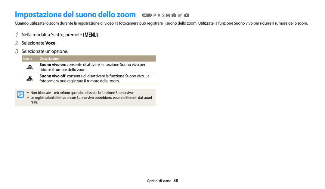 Samsung EC-WB350FBPWE1, EC-WB350FBPBE1, EC-WB350FBPUE1 Impostazione del suono dello zoom T p a h M s i g, Icona Descrizione 